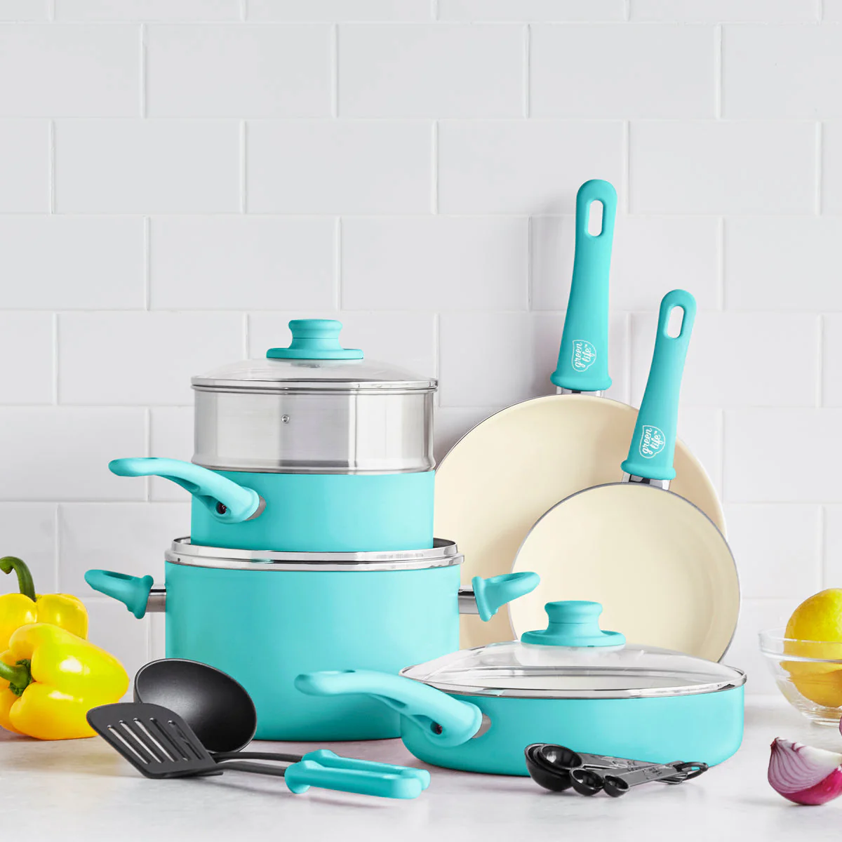 GreenLife<br> Soft Grip 12pc Cookware Sets, Turquoise - Image 2