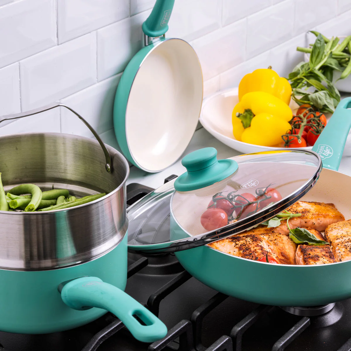 GreenLife<br> Soft Grip 12pc Cookware Sets, Turquoise - Image 6